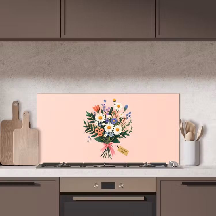 Margrieten - Boeket - Strikje - Roze keuken achterwand spatscherm middel -sfeer2