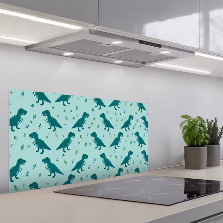 Donkergroen - Dinosaurussen - Afdrukken - Bladeren keuken achterwand spatscherm middel -3d_schuin