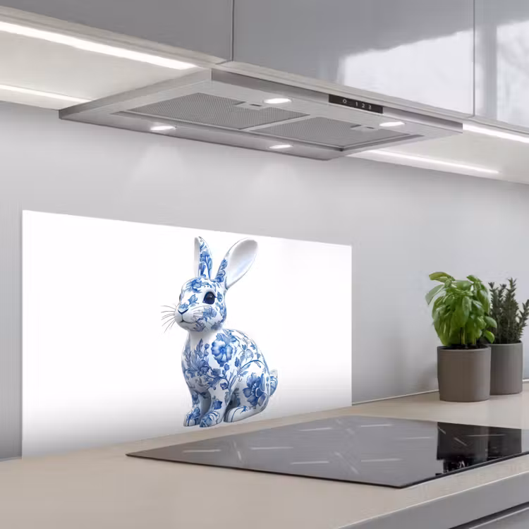 Delftsblauw - Haasje - Wit keuken achterwand spatscherm middel -3d_schuin