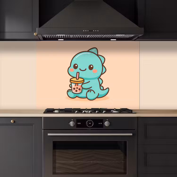 Dino - Boba - kawaii - Oranje keuken achterwand spatscherm middel -sfeer1