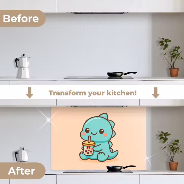 Dino - Boba - kawaii - Oranje keuken achterwand spatscherm middel -voor_na_EN