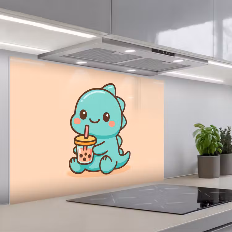 Dino - Boba - kawaii - Oranje keuken achterwand spatscherm middel -3d_schuin