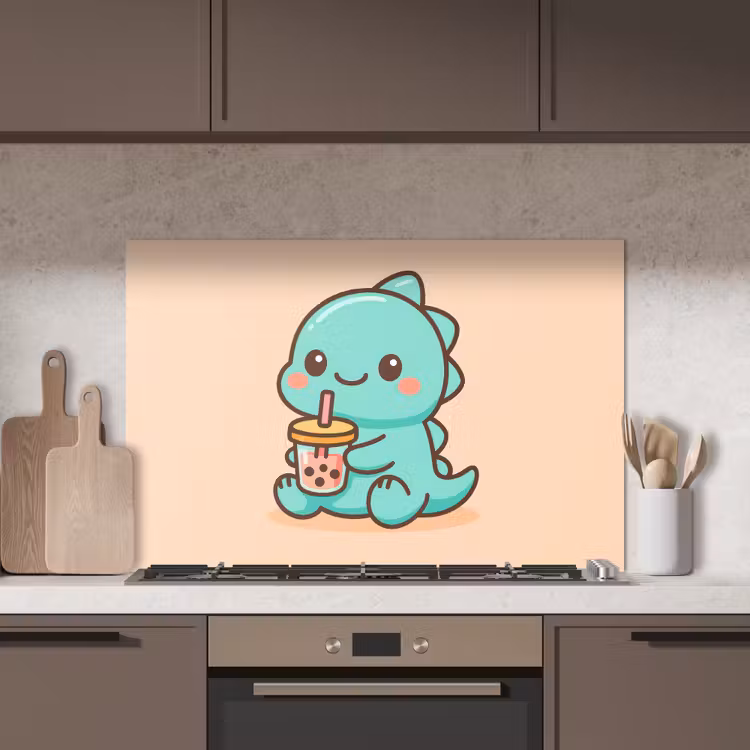 Dino - Boba - kawaii - Oranje keuken achterwand spatscherm middel -sfeer2