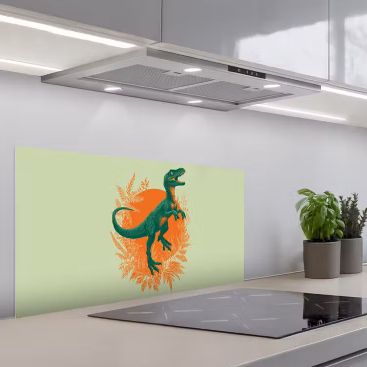 Dinosaurus - Groen - Planten - Cirkel keuken achterwand spatscherm middel -3d_schuin