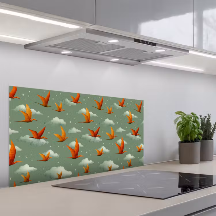 Dinosaurussen - Wolken - Sterren - Oranje keuken achterwand spatscherm middel -3d_schuin