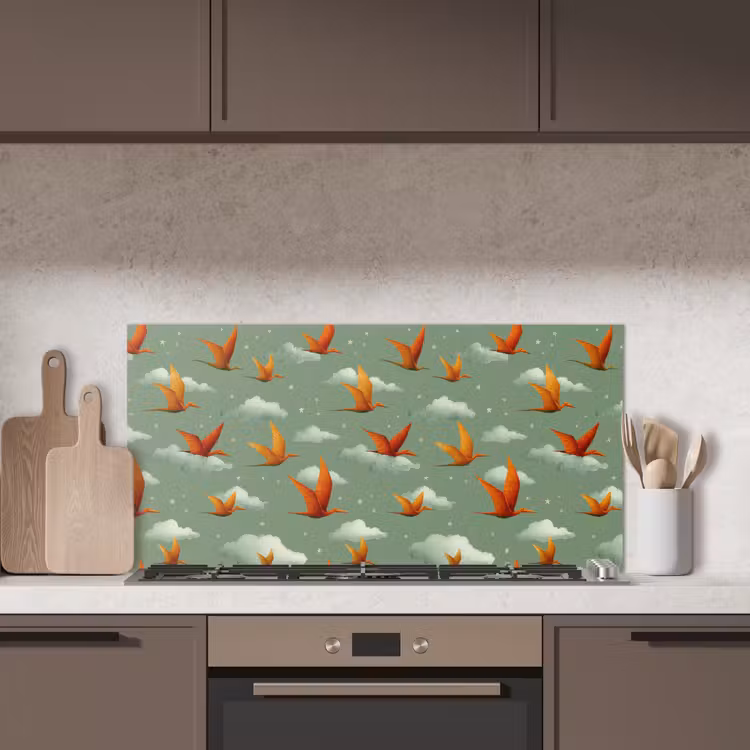 Dinosaurussen - Wolken - Sterren - Oranje keuken achterwand spatscherm middel -sfeer2