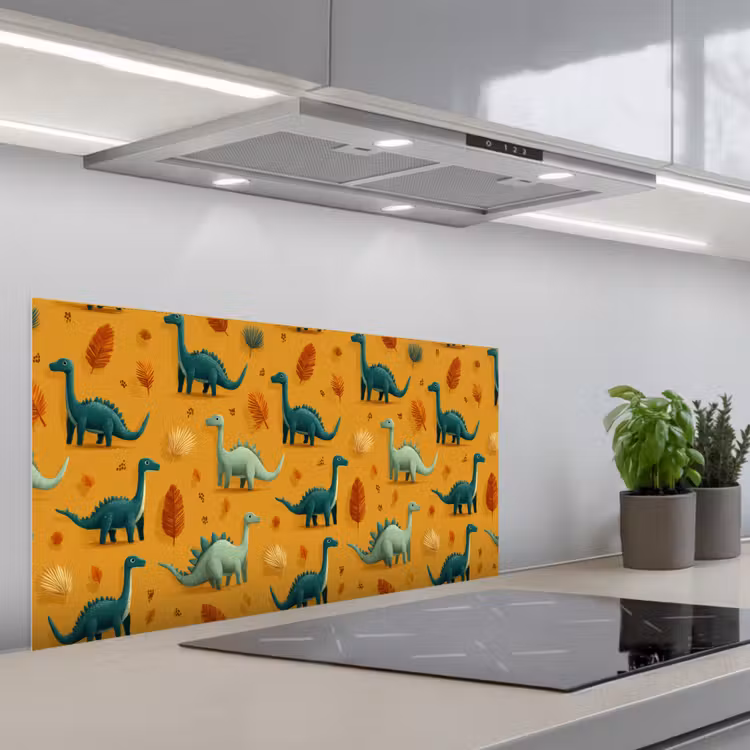 Dinosaurussen - Stekels - Herfstbladeren - Bruin keuken achterwand spatscherm middel -3d_schuin