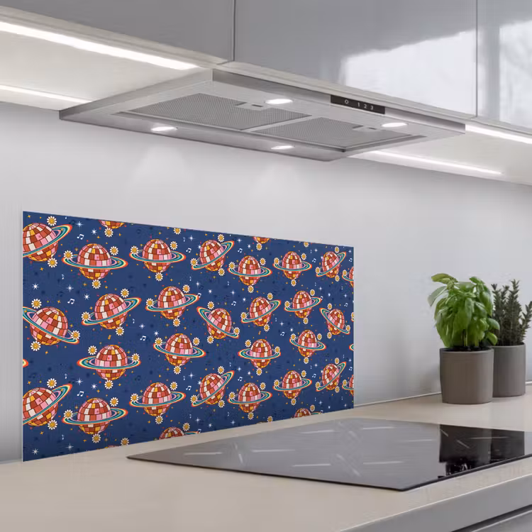 Disco - Blauw - Patroon keuken achterwand spatscherm middel 899 -3d_schuin