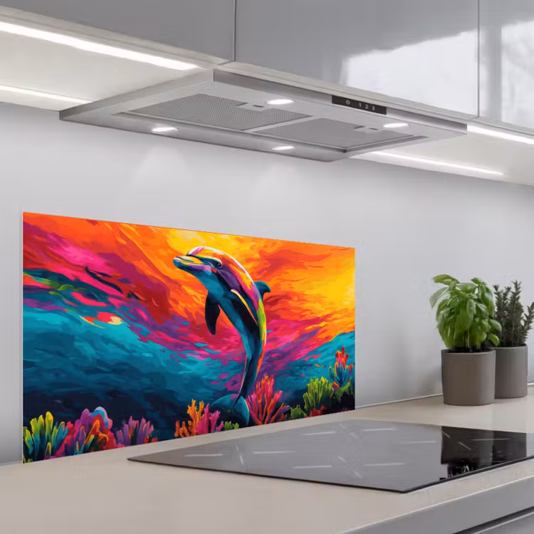 Dolfijn - Kleurrijk - Oceaan - Koraal keuken achterwand spatscherm middel -3d_schuin