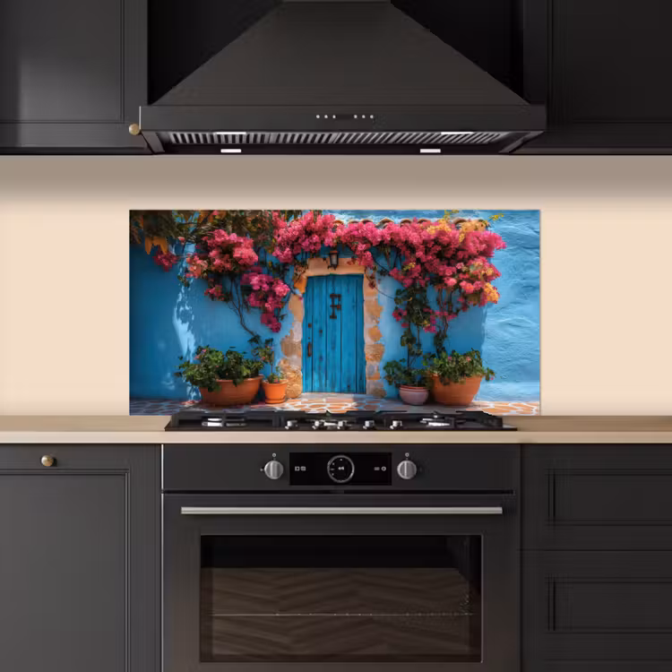 Deur - Hout - Bloemen - Blauw keuken achterwand spatscherm middel -sfeer1