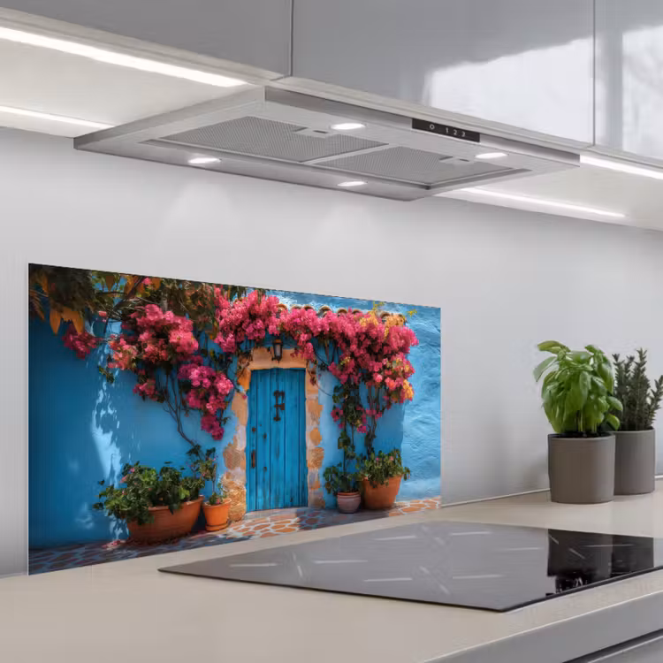 Deur - Hout - Bloemen - Blauw keuken achterwand spatscherm middel -3d_schuin