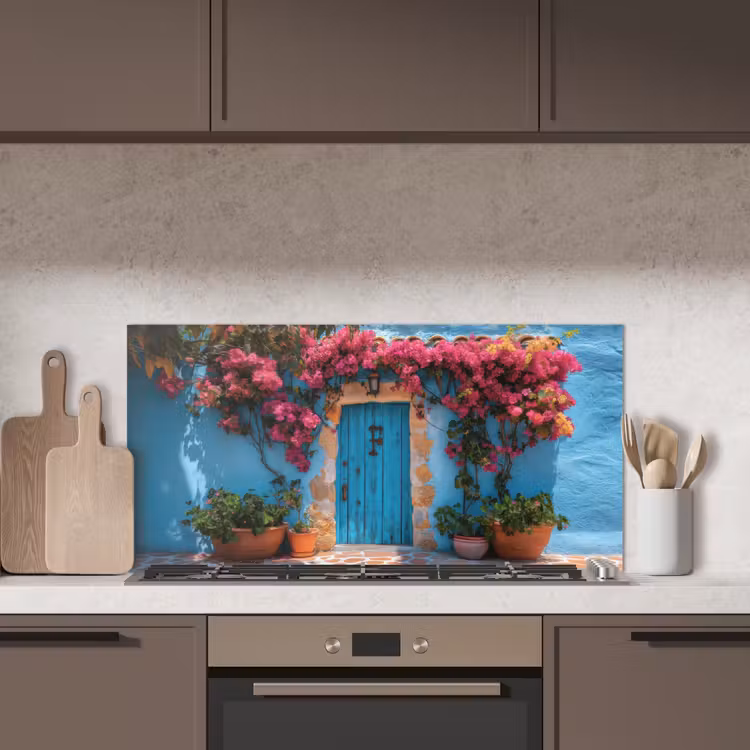 Deur - Hout - Bloemen - Blauw keuken achterwand spatscherm middel -sfeer2