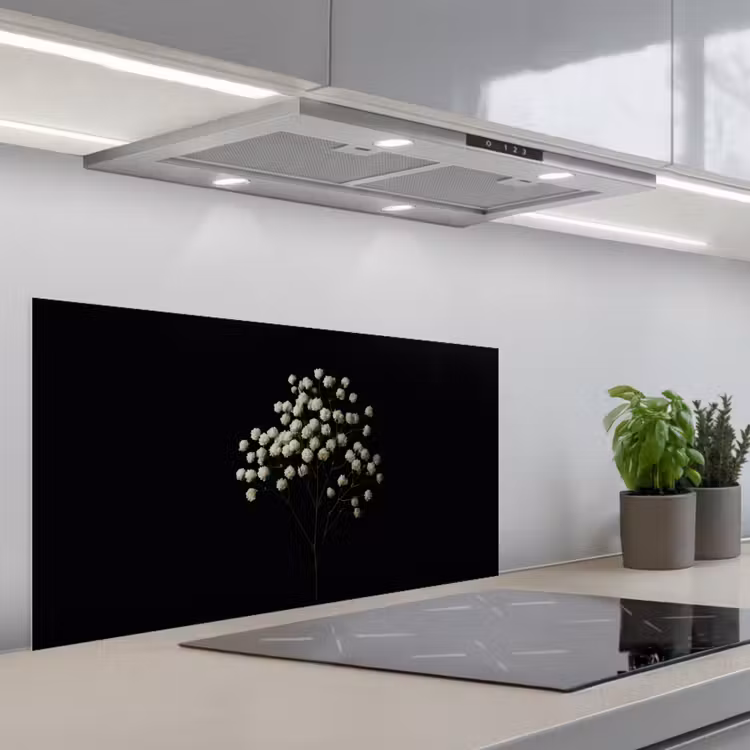 Gipskruid - Bloemetjes - Wit - Minimalistisch keuken achterwand spatscherm middel -3d_schuin