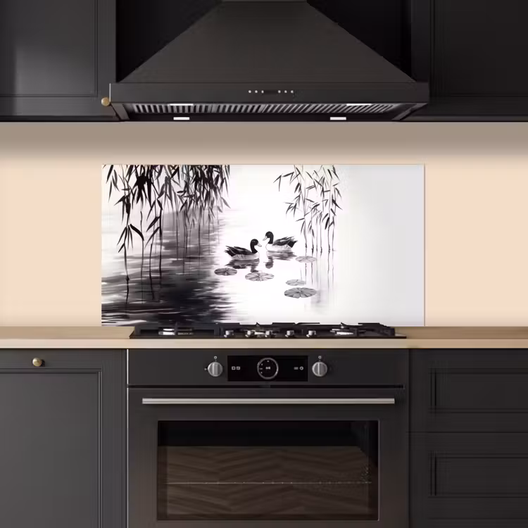 Eenden - Waterlelies - Riet - Zwart keuken achterwand spatscherm middel -sfeer1