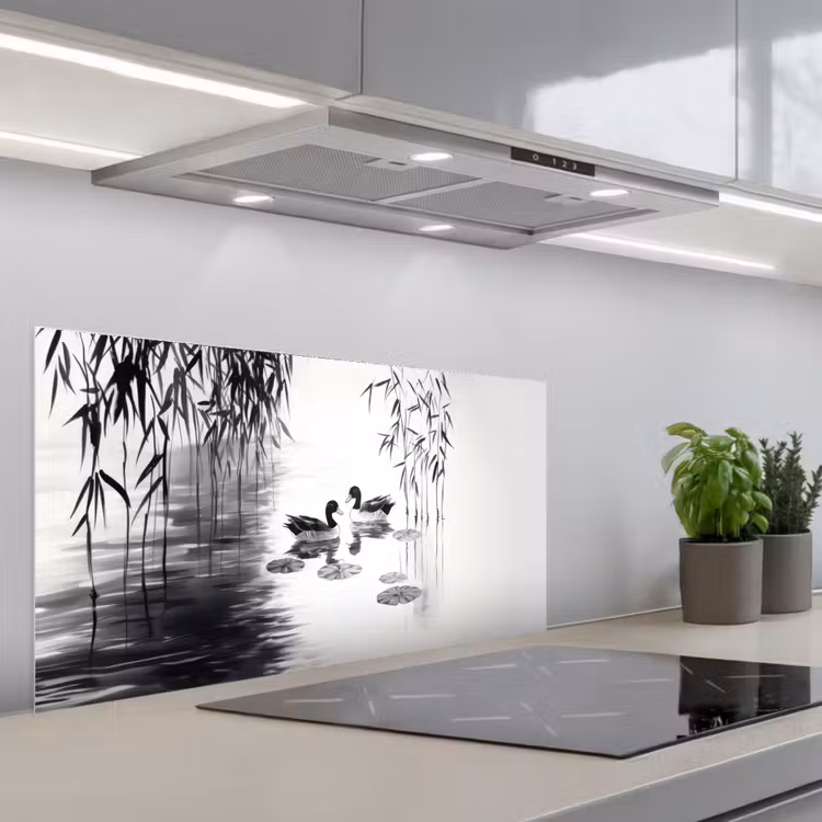 Eenden - Waterlelies - Riet - Zwart keuken achterwand spatscherm middel -3d_schuin