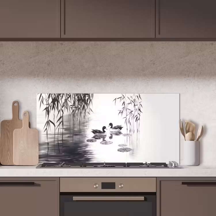 Eenden - Waterlelies - Riet - Zwart keuken achterwand spatscherm middel -sfeer2
