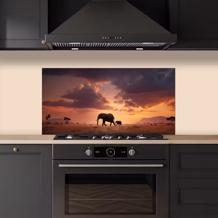 Olifanten - Grasland - Zonsondergang keuken achterwand spatscherm middel -sfeer1