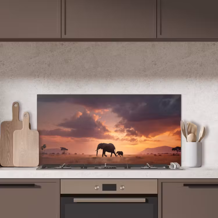 Olifanten - Grasland - Zonsondergang keuken achterwand spatscherm middel -sfeer2
