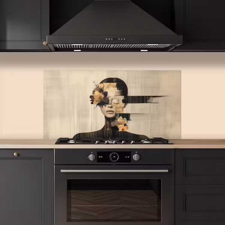 Gezicht - Bloemen - Zwart - Vrouw keuken achterwand spatscherm middel -sfeer1