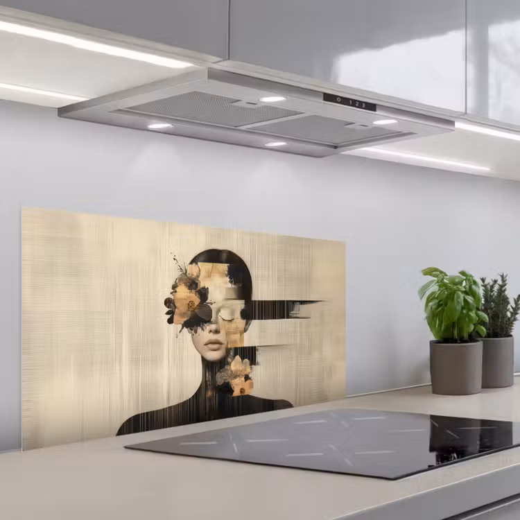Gezicht - Bloemen - Zwart - Vrouw keuken achterwand spatscherm middel -3d_schuin