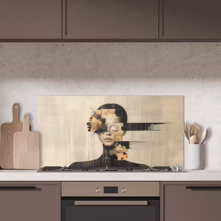 Gezicht - Bloemen - Zwart - Vrouw keuken achterwand spatscherm middel -sfeer2