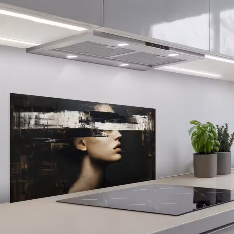 Gezicht - Vrouw - Zwart - Abstract keuken achterwand spatscherm middel -3d_schuin