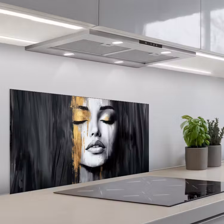 Gezicht - Vrouw - Penseelstreken - Abstract keuken achterwand spatscherm middel -3d_schuin