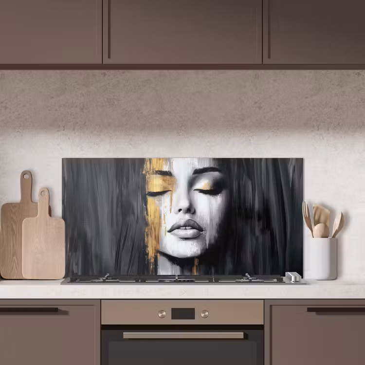 Gezicht - Vrouw - Penseelstreken - Abstract keuken achterwand spatscherm middel -sfeer2