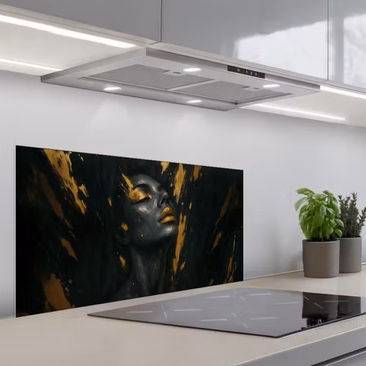 Gezicht - Vrouw - Verfspatten - Abstract keuken achterwand spatscherm middel -3d_schuin