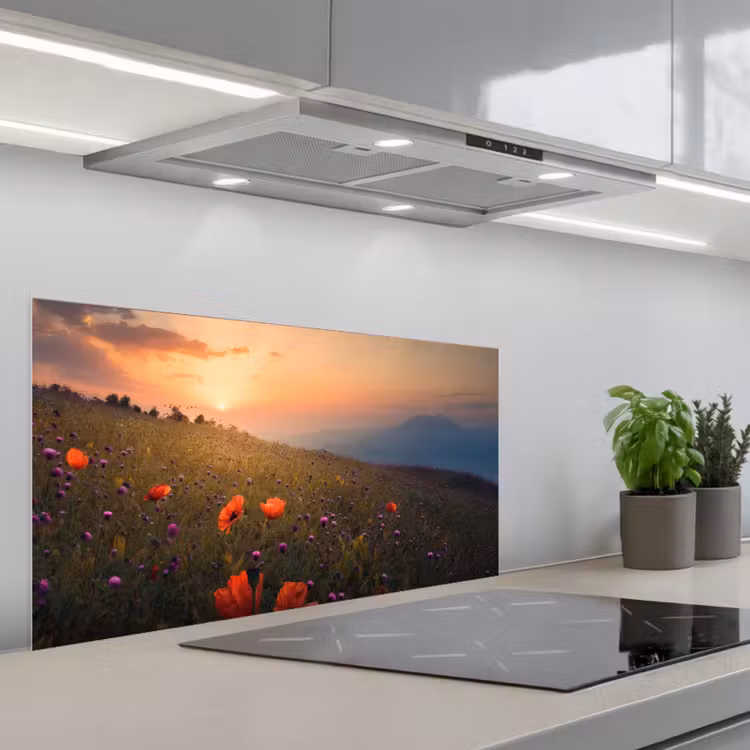 Bloemenveld - Gras - Bloemen - Planten - Zonsondergang - Oranje keuken achterwand spatscherm middel -3d_schuin