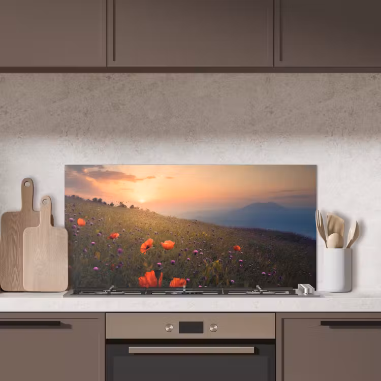 Bloemenveld - Gras - Bloemen - Planten - Zonsondergang - Oranje keuken achterwand spatscherm middel -sfeer2