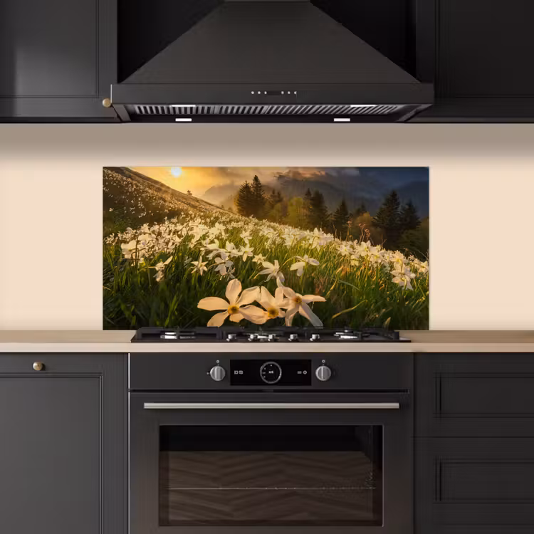 Bloemenveld - Heuvels - Zonsondergang - Berg - Natuur - Wit - Heuvels keuken achterwand spatscherm middel -sfeer1