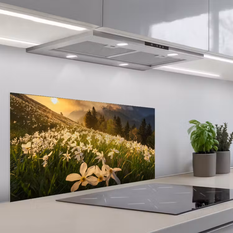 Bloemenveld - Heuvels - Zonsondergang - Berg - Natuur - Wit - Heuvels keuken achterwand spatscherm middel -3d_schuin
