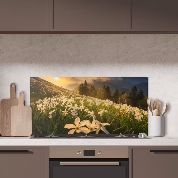 Bloemenveld - Heuvels - Zonsondergang - Berg - Natuur - Wit - Heuvels keuken achterwand spatscherm middel -sfeer2