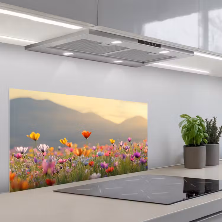 Bloemenveld - Bergen - Zonlicht - Bloemen keuken achterwand spatscherm middel -3d_schuin