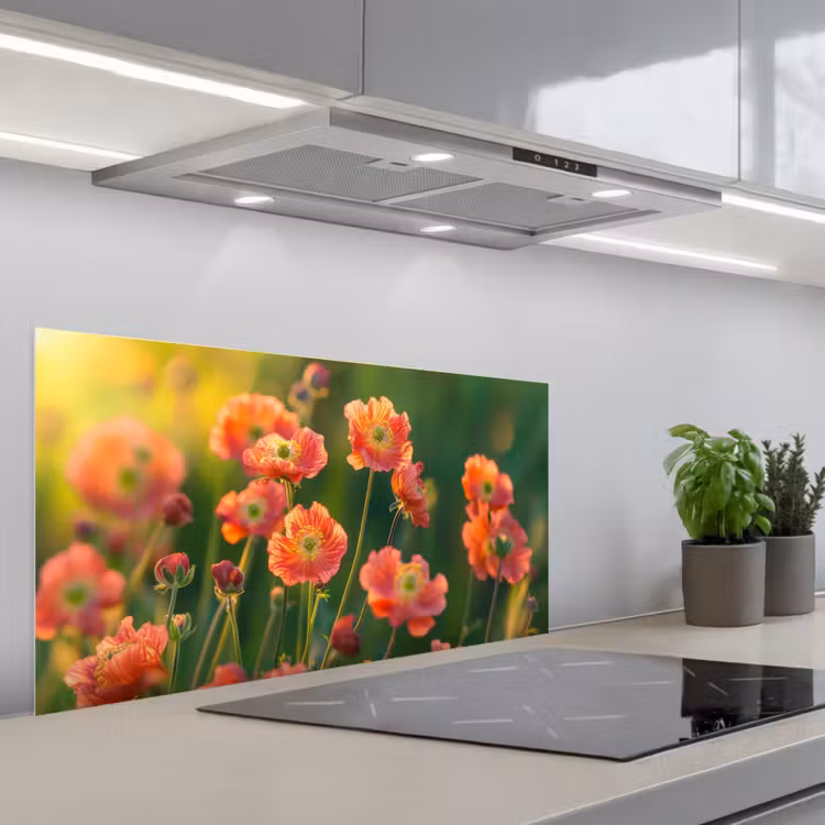 Bloemenveld - Zonnestralen - Oranje keuken achterwand spatscherm middel -3d_schuin