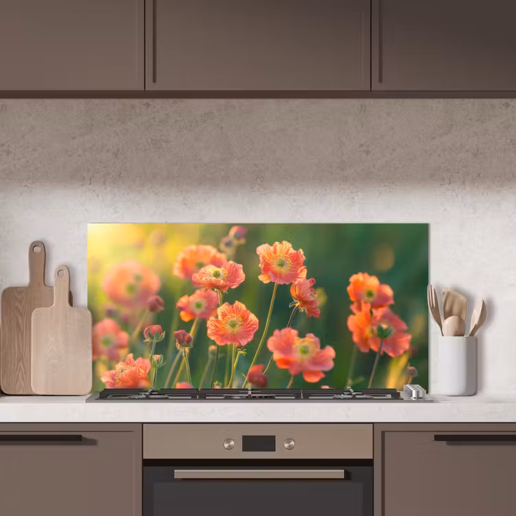 Bloemenveld - Zonnestralen - Oranje keuken achterwand spatscherm middel -sfeer2
