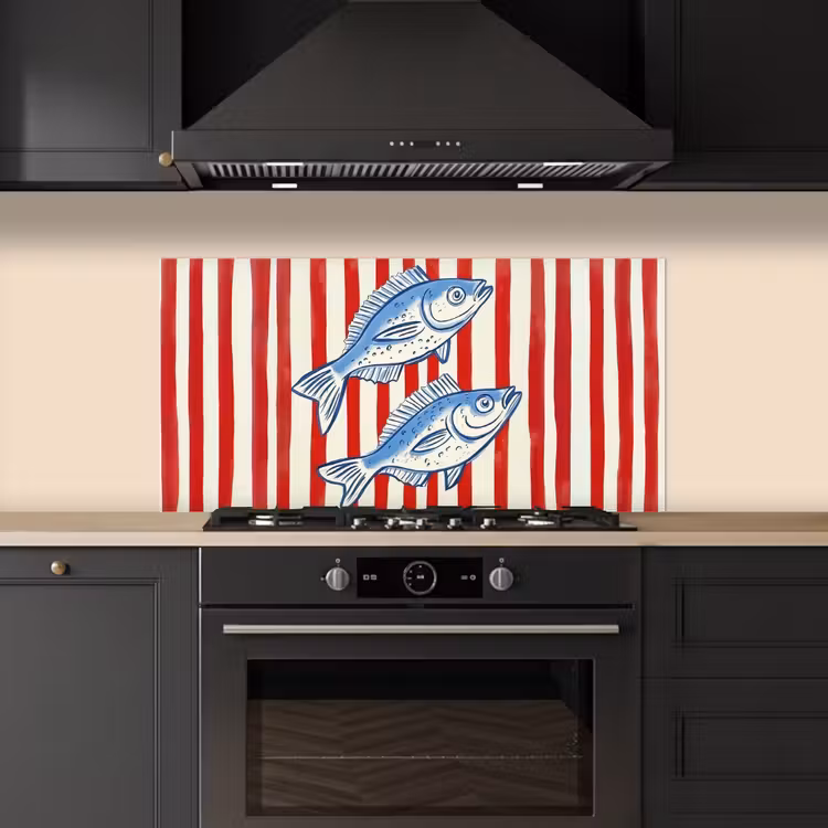 Vissen - Verticale strepen - Blauw - Rood keuken achterwand spatscherm middel -sfeer1