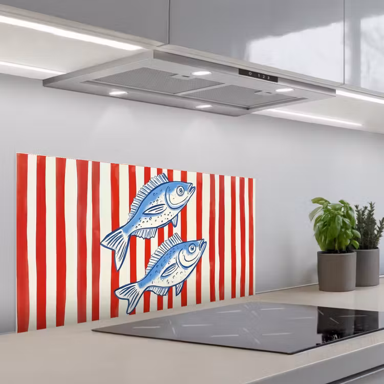Vissen - Verticale strepen - Blauw - Rood keuken achterwand spatscherm middel -3d_schuin