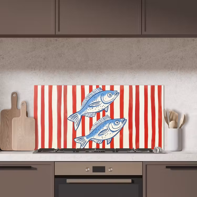 Vissen - Verticale strepen - Blauw - Rood keuken achterwand spatscherm middel -sfeer2