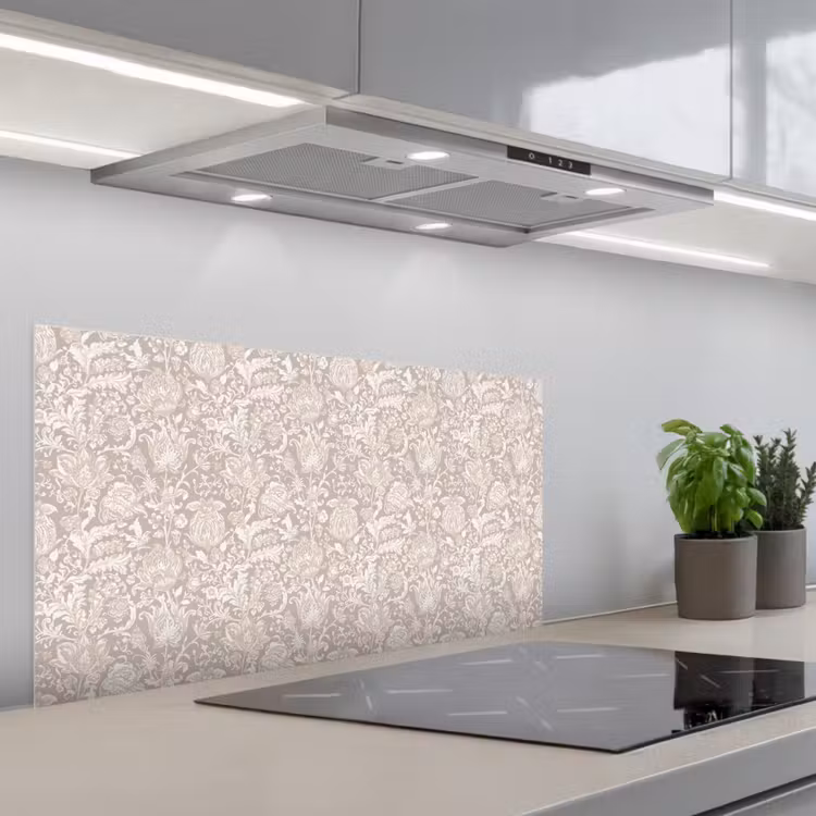 Bloemenprint - Grijs - Crème keuken achterwand spatscherm middel 899 -3d_schuin