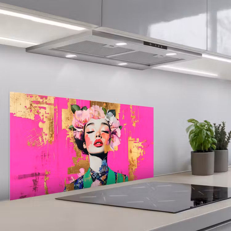 Bloemenkroon - Goud - Vrouw - Portret keuken achterwand spatscherm middel -3d_schuin