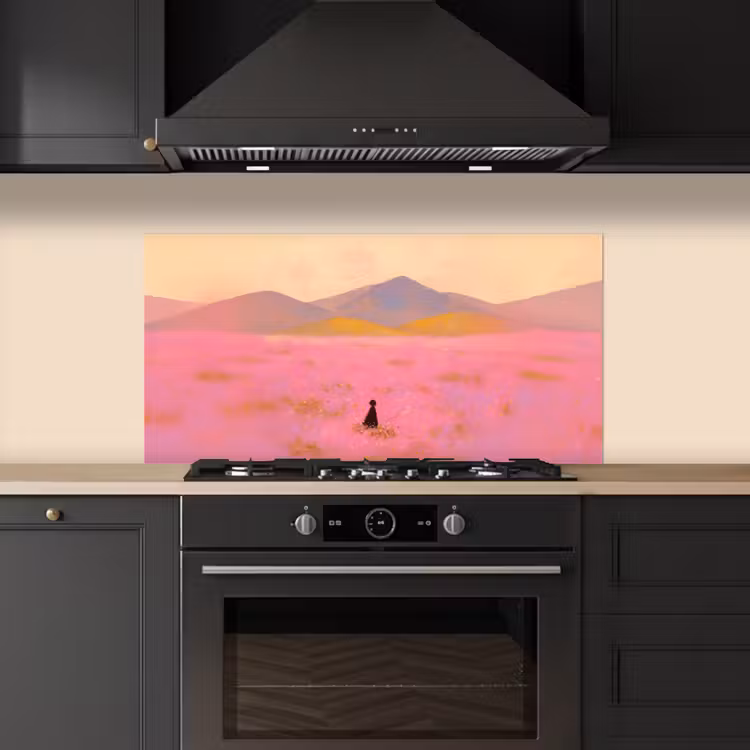 Bloemenweide - Heuvels - Silhouet - Roze keuken achterwand spatscherm middel -sfeer1