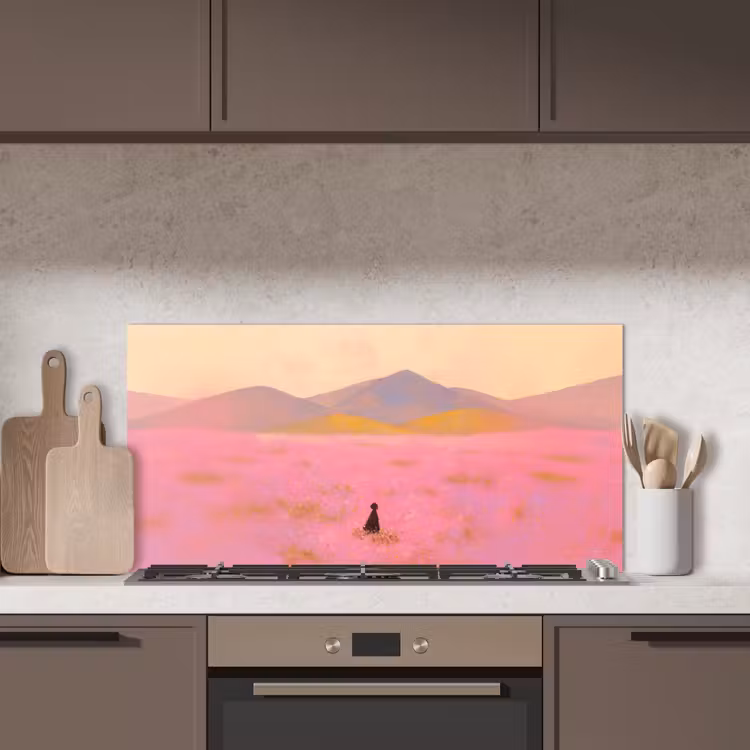 Bloemenweide - Heuvels - Silhouet - Roze keuken achterwand spatscherm middel -sfeer2