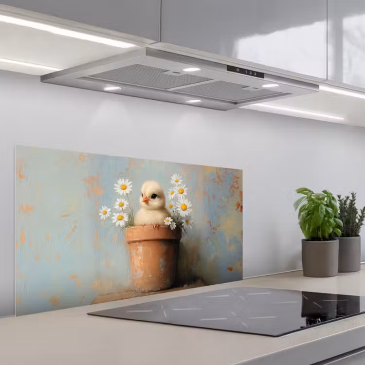 Bloempot - Kuiken - Bloemetjes keuken achterwand spatscherm middel -3d_schuin