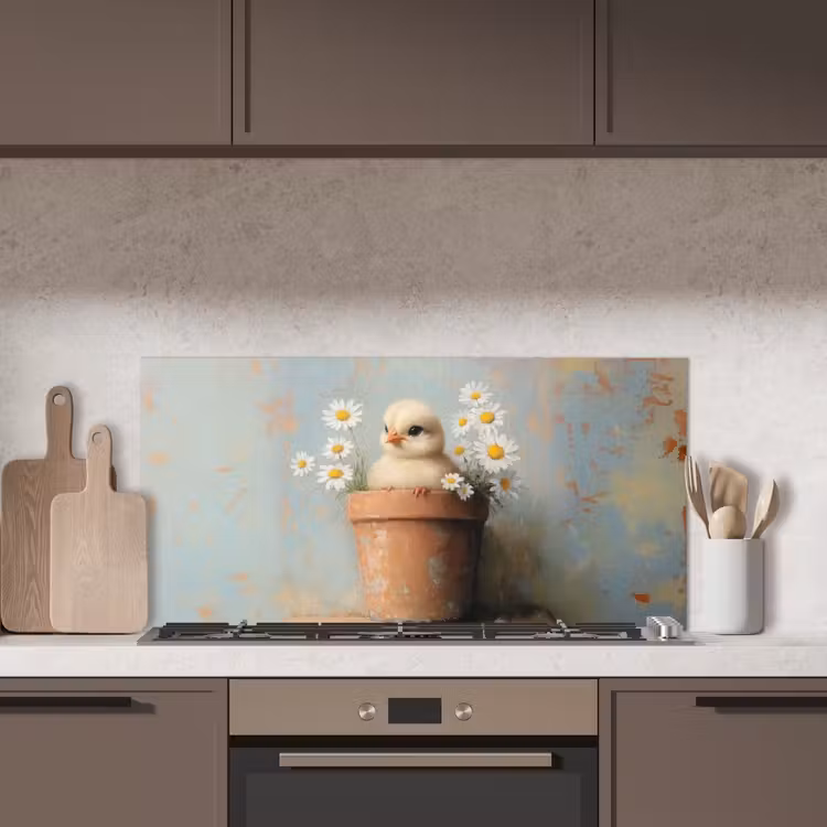 Bloempot - Kuiken - Bloemetjes keuken achterwand spatscherm middel -sfeer2