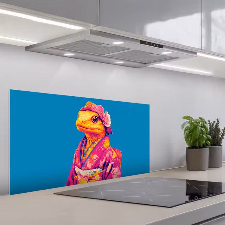 Bloemenkrans - Hagedis - Kimono - Paars keuken achterwand spatscherm middel -3d_schuin