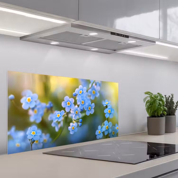 Bloemetjes - Blauw - Vergeet mij nietjes keuken achterwand spatscherm middel -3d_schuin