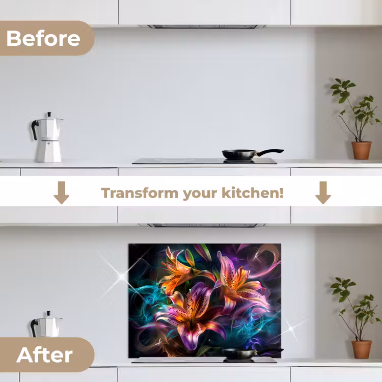 Bloemen - Kleurrijk - Zwart - Kunst keuken achterwand spatscherm middel -voor_na_EN