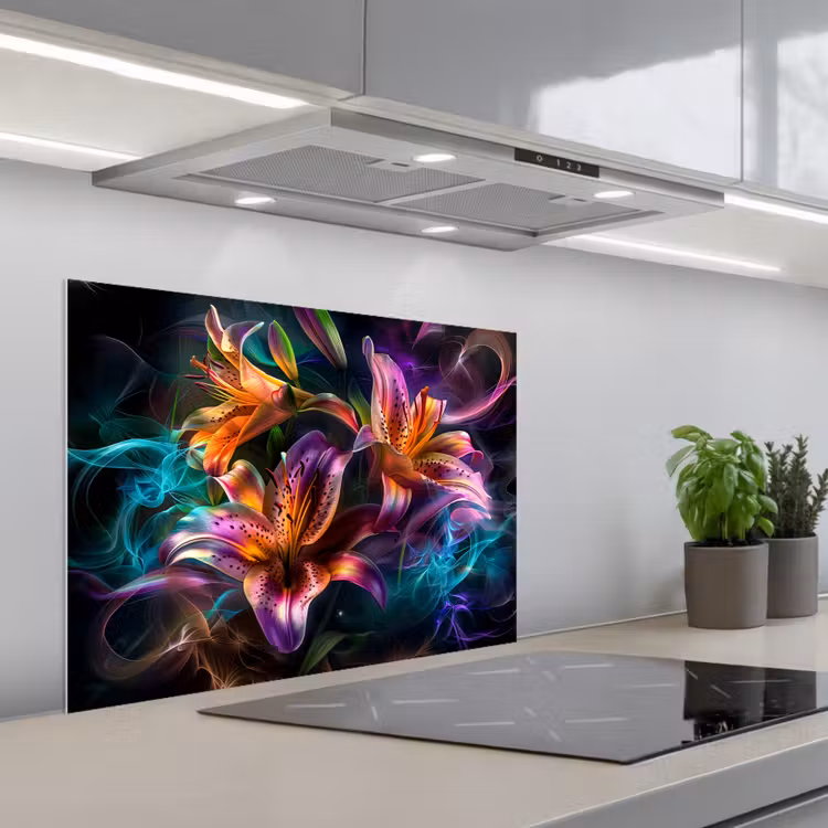 Bloemen - Kleurrijk - Zwart - Kunst keuken achterwand spatscherm middel -3d_schuin